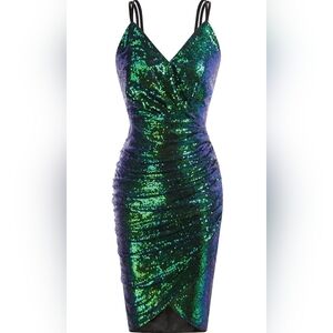 NWT Sequin Ruched V-Neck Dress in Iridescent Green and Blue